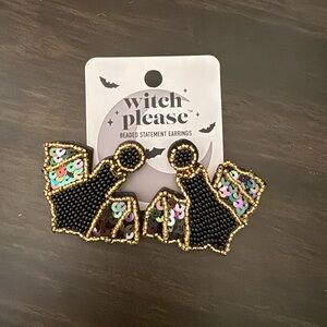 Black and Gold Beaded Bat Statement Earrings-Halloween
